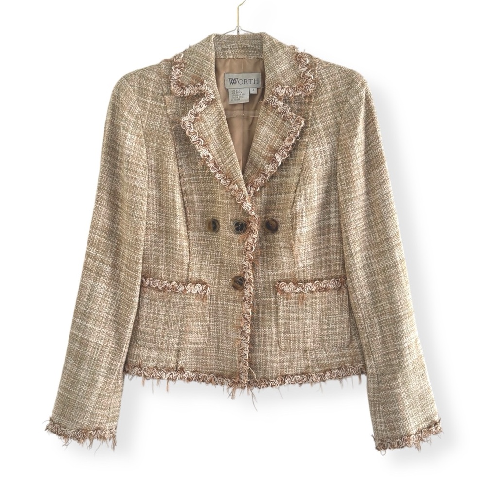 Worth Silk Tweed Blazer Beige Pink Green Fringe 4